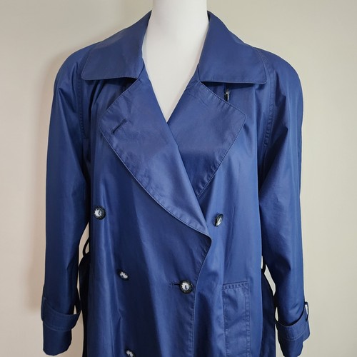 Vintage London Fog Trench Coat Womens 12 Petite Belted Long Rain Navy Utility - Picture 11 of 21