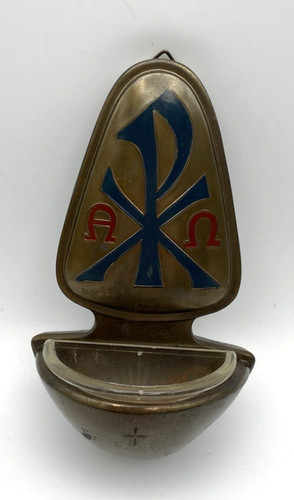 Vintage Brass Metal Chrismon Constantine's Cross Catholic Church Holy Water Font