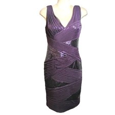 Tadashi Shoji Navy Cocktail Dress Womens 6  Ruched Sequinned Sheath Evening Glam