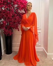 Customized Long Pleated Chiffon Mother of the Bride Dresses A-Line Orange V-Neck