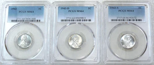 1943 P, D, S Lincoln Wartime Steel Cent PCGS MS64 Frosty set of 3 coins #L294