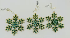 3 Macy's Holiday Lane Glittered Snowflake Christmas Ornaments Teal & Gold