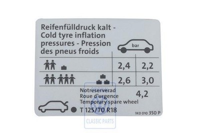 VAG Golf Mk5 Golf Plus Informationen Aufkleber Reifendruck Original 1K0010350P