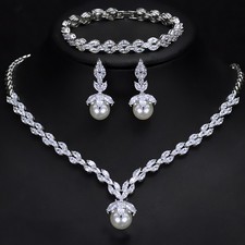 Big Pearl Drop Earrings Necklace Bracelet Silver Plated Zircon Women Jewelry Set