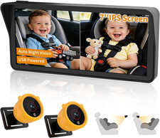 Dual Baby Car Camera, 7" Split Screen, 1080P, Night Vision, USB Power