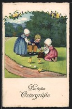 Künstler-AK Pauli Ebner: Kinder mit Osterhase und Küken 1937 