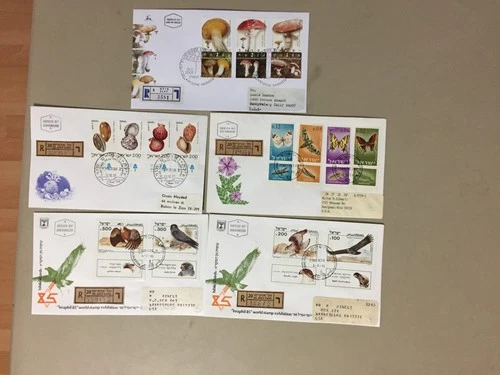 Five Israel registered fdc:BIRDS,BUTTERFLIES,SHELL,MUSHROOM
