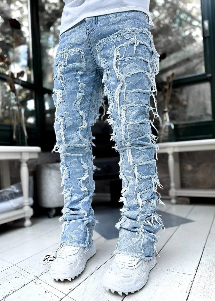 Skinny Stacked Distressed Jeans Frayed Blue Denim Pants Streetwear 