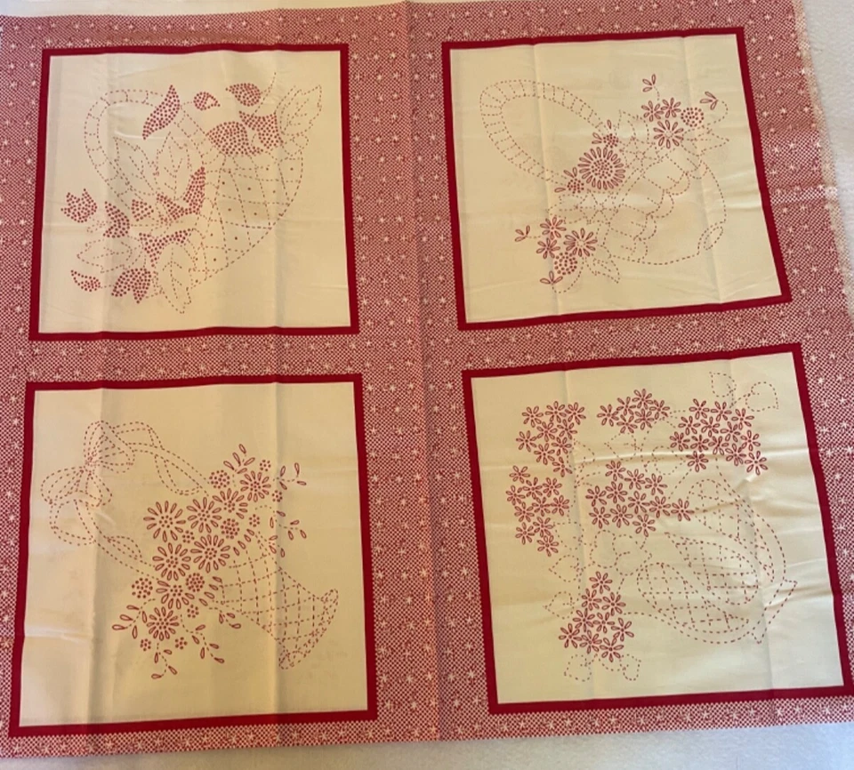 Paneles de tela de edredón de algodón Kaufman Red Work ~ Lazy Daisy ~ Windownill Garden Foto 4 de 4