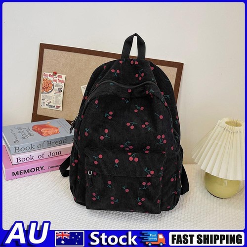 Corduroy Backpack Women Cherry Pattern Travel Daypack Zipper School Bag (Black)