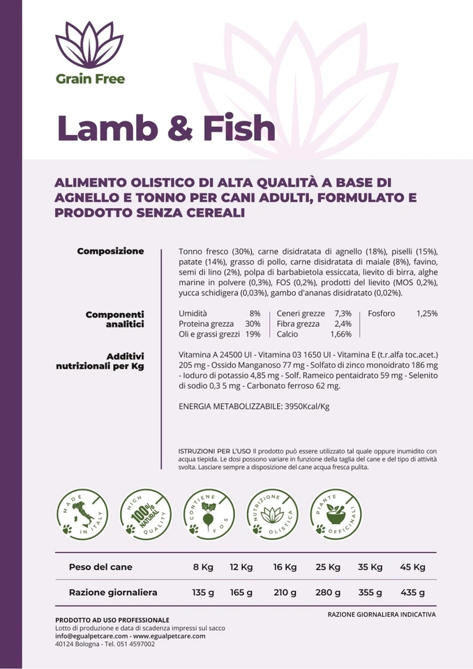 Grain Free EGUAL LAMB & FISH FORMULATO SENZA CEREALI CON TONNO FRESCO 15Kg - Immagine 2 di 2