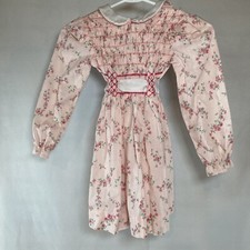 Vintage Polly Flinders pink floral, hand-smocked dress Size 5, tie waist