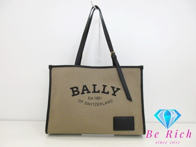 BALLY CALIE Medium Tote Bag Shoulder Bag Sand Beige Black Canvas Leather Use