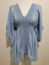 PARADISE FOUND Women's Blouse V-Neck Elastic Waist Crochet Blue Cotton.Size S