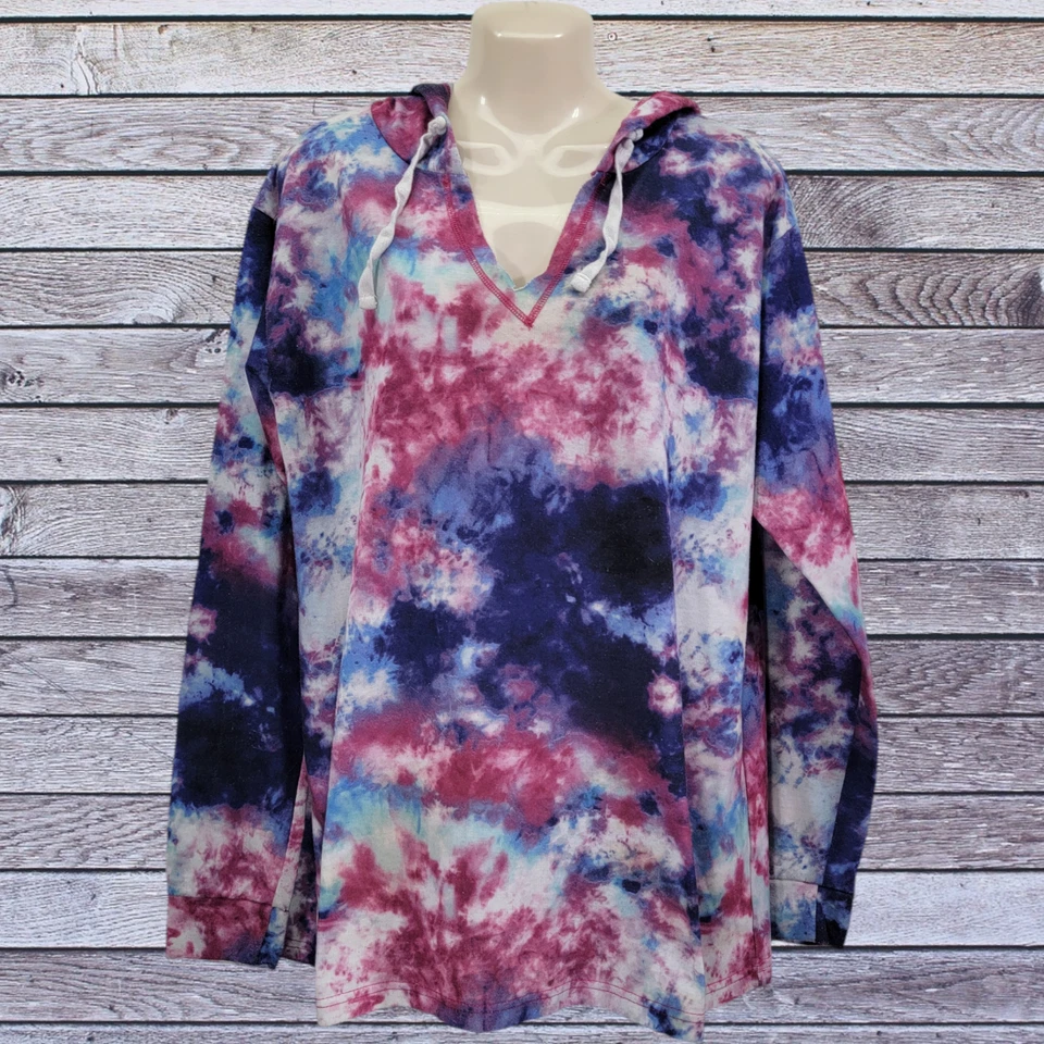 Sudadera con capucha para mujer Bobby Brooks teñida con corbata azul/rosa manga larga cuello en V grande Foto 2 de 4