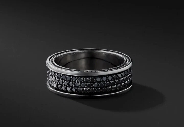 Anel feminino David Yurman prata esterlina três fileiras de diamantes pretos pavê - Imagem 4 de 4