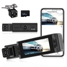 3 Channel WiFi Dash Cam, Triple Car Camera with 64GB Card, Front and Rear Ins...