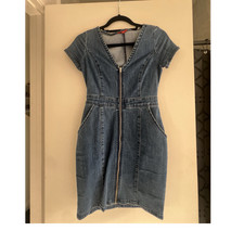 GUESS Blue Denim Zip Front V-Neck Bodycon Dress w/ Pockets XS Knee Length
