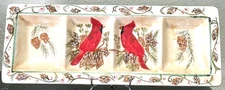 Christmas Four Section Ceramic Relish Dish / Snack Tray Hand Painted Cardinals .