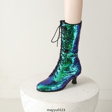 Womens Mid Kitten Heel Ankle Boots Sequins Lace Up Zip Party Glitter Shoes Plus