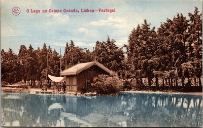 Postcard Portugal Lisbon Campo Grande Lake and Boathouse Scene