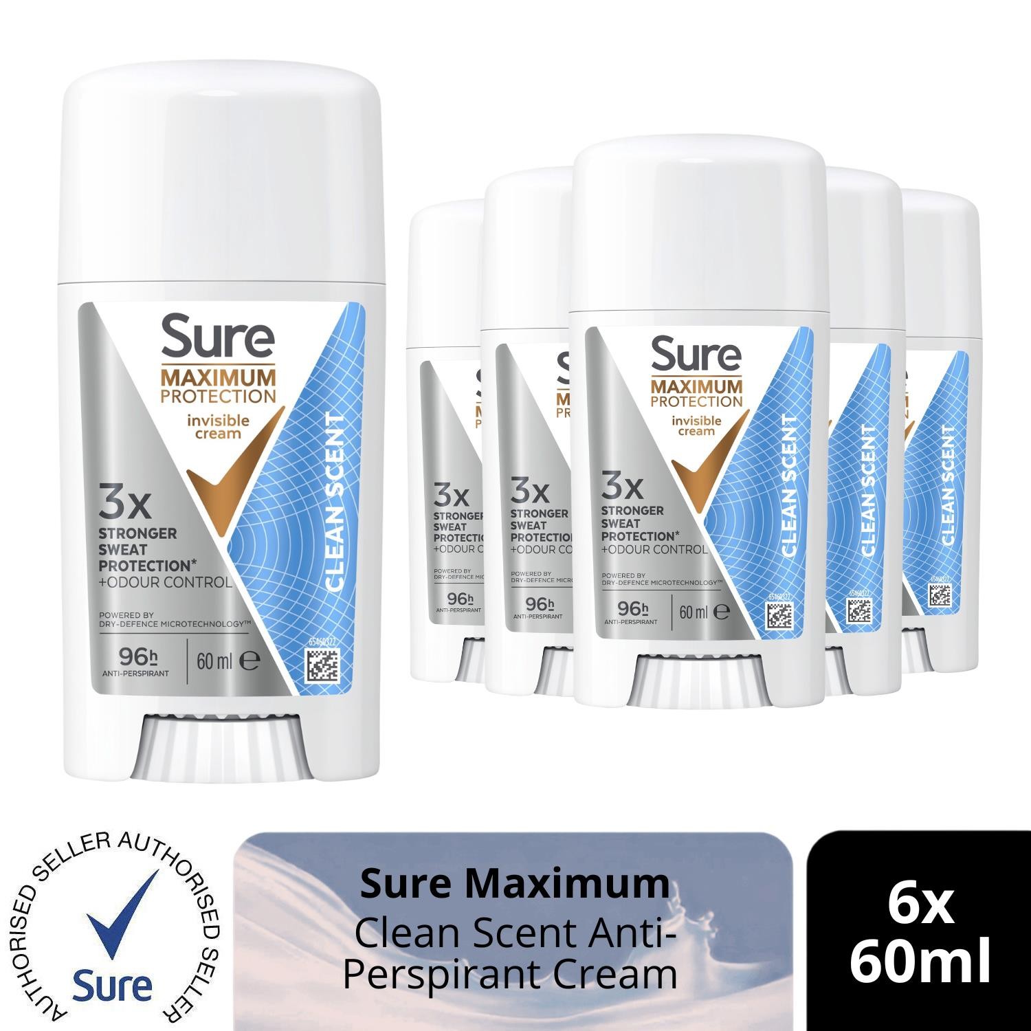 Sure Women Maximum Protection Anti-Perspirant Cream, Clean Scent, 60ml, 6 Pack