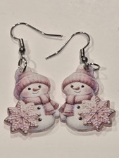 Christmas Pink Snowman Earrings Dangle