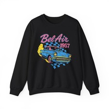 1957 Chevy Bel Air Crewneck Sweatshirt Retro Blue Pink Classic Car Graphic