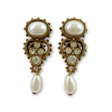 Vintage Victorian Revival Faux Pearl Rhinestone Antiqued Goldtone Clip Earrings