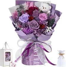 Preserved Flower Bouquet Real Eternal Roses Bear Gift Box Purple