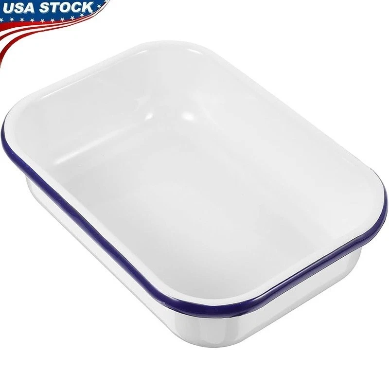 Non-Stick Enamel Baking Pan Steel Oblong Tray Cakes Bread Casseroles Roasting US