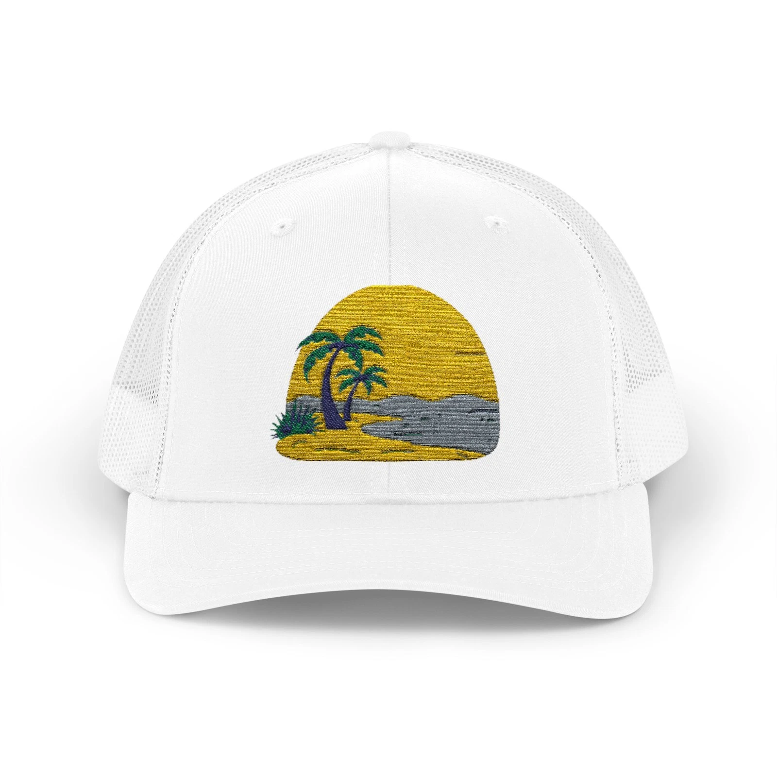 Sunset Palm Trucker Cap — Embroidered Beach Sun Snapback