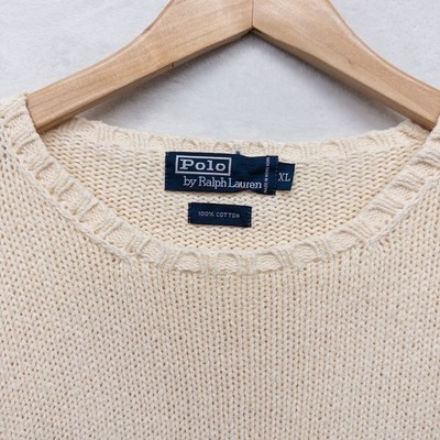Ralph Lauren Polo Crest Cotton Knit Sweater Vintage 90s XL Cream