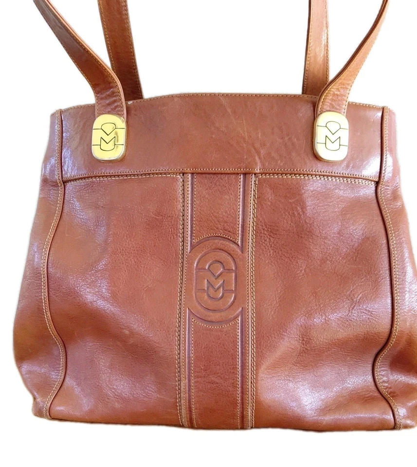Bolso de Mano Marino Orlandi Vintage Cuero Marrón Dorado Herrajes Hecho en Italia Foto 2 de 4