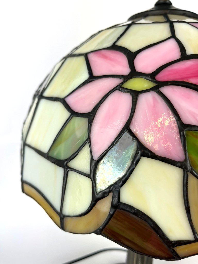Large Tiffany Style Stained Glass Table Lamp Pink Floral Art Nouveau Light image 6