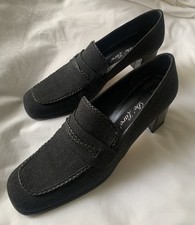 Vintage Stuart Weitzman Black Loafer Heels 10B Square Toe Chunky 90s