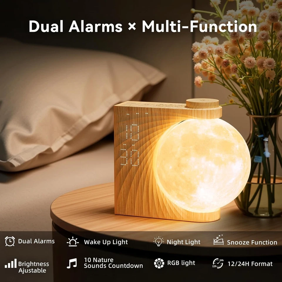 Moon Light Alarm Clock 10 Color Ambience Modes Wake Up Light White Noise Display - Image 3 of 4