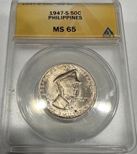 1947-S 50 Centavos Philippines 50C Silver - General MacArthur - ANACS MS65 (G12)