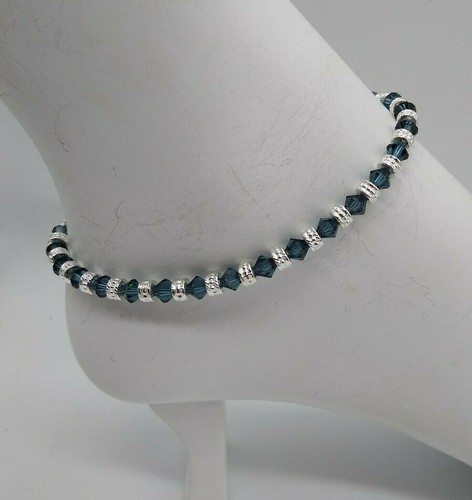 m/w Swarovski Crystal Montana Bicone & Silver Rondel Bead Anklet /Bracelet Steel - Picture 6 of 8