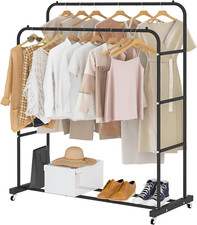 Double Rods Clothing Rack with Wheels, Garment Rack for Hanging Clothes, Multi-F