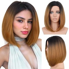 Short Black to Honey Brown Ombre Wigs Straight Bob Human Hair Lace Front Wigs