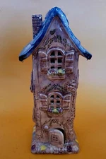 Decorative Tea Light Candle Holder, Ceramic, Village House Style 12"x4.5"