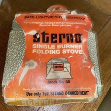 Vintage STERNO Single Burner Folding Stove Camp Hiking NEW Old Stock Gold Tone