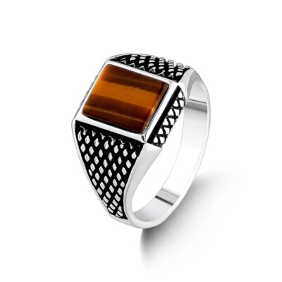 Solid 925 Sterling Silver Tiger's Eye Men's Ring Fine Handmade