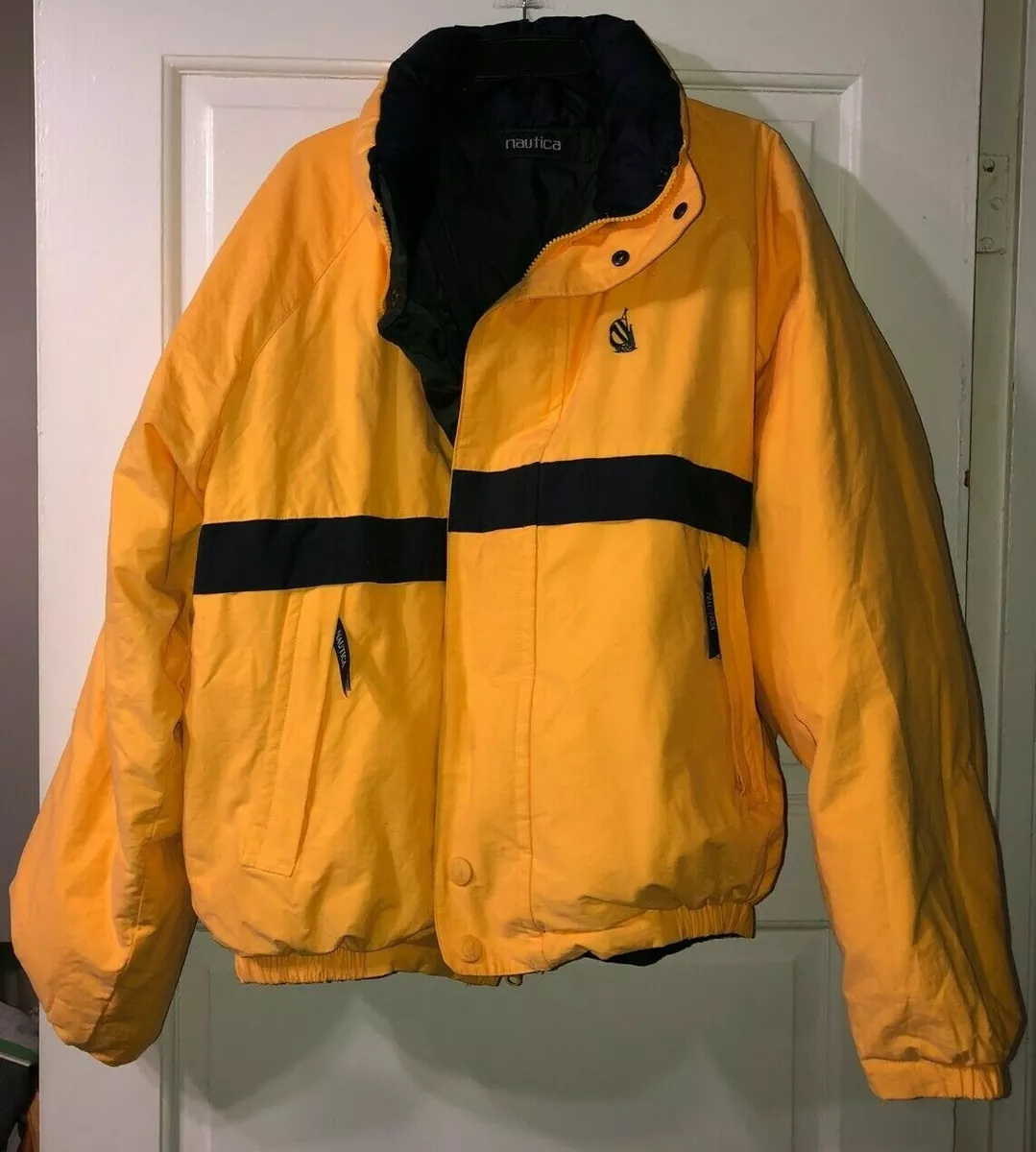 Vtg Nautica Yellow Green Reversible Duck Down Jacket Winter Coat XL X-Large