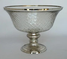 Compote Bowl Vase Silver Plated Brass Base with Mesh Cut Glass 10.5"D 8"High