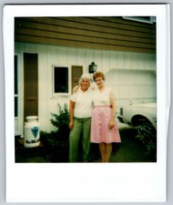 Vtg Polaroid Snapshot Photo Two Women Outside Suburban House Car 1970s