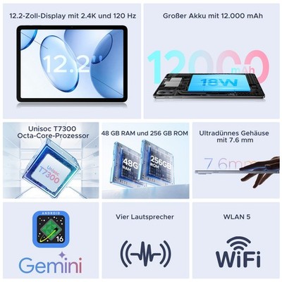 P12 Plus Android 16 Tablet, 12,2 Zoll, 48 GB+256 GB, 12.000 mAh, T7300 Octa-Core