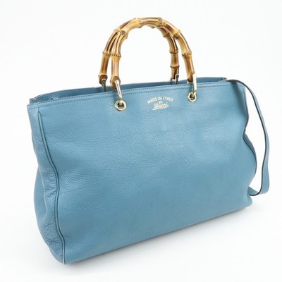 Gucci トートバッグ blue GUCCI Bamboo Shopper Large Leather Tote Bag 2Way Bag Blue 323658