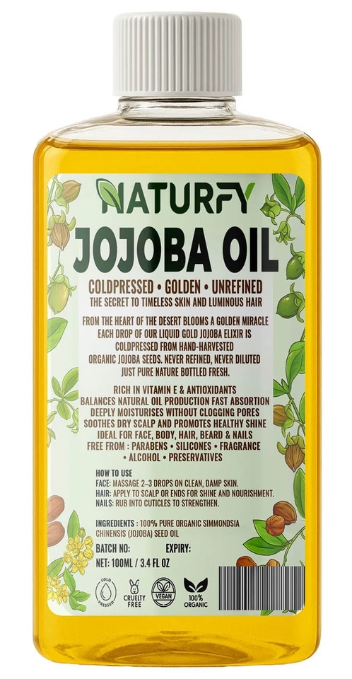 NATURFY 100ml Jojoba Golden Oil - 100% Pure Cold Pressed - Moisturises Hair Skin & Nails